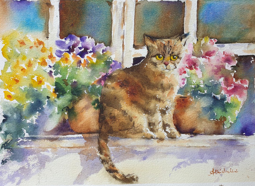 窓辺の猫 bx オリジナル水彩画 花が咲く窓辺の猫のアートワーク 猫の
