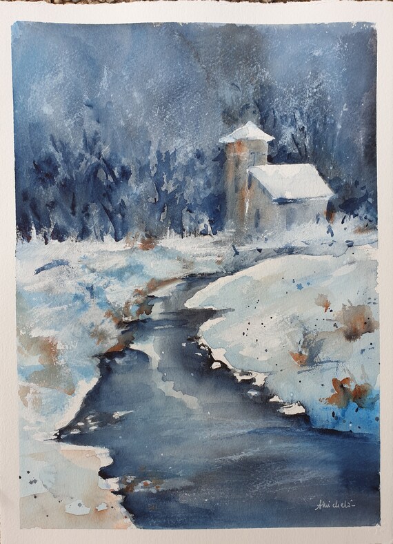 水彩画原画　冬のグリンデルワルト① ＃627 厳冬の鉄道 【透明水彩風景画】 Severe winter and railway