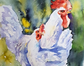 Pintura de acuarela de gallina y gallo, decoración del hogar con gallinas, pintura de gallo, decoración de cocina con gallinas. Acuarela original de 33 x 45 cm.