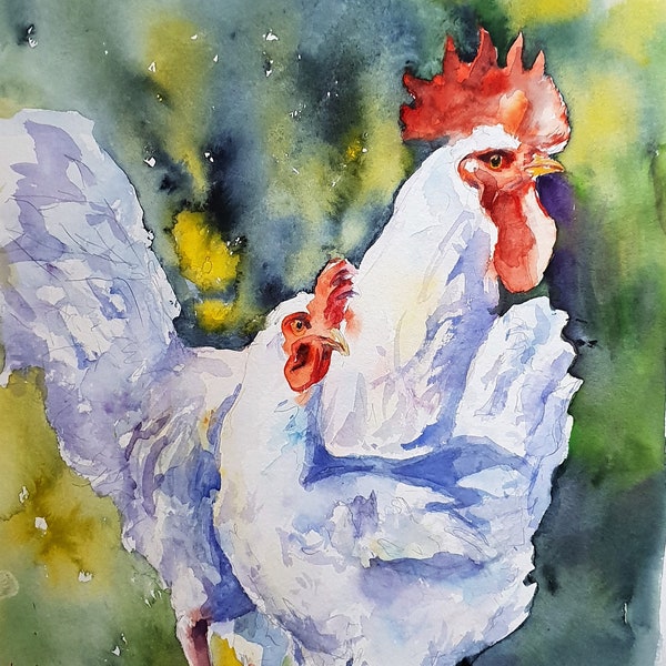 aquarelle poule et coq, décoration intérieure de poulets, peinture de coq, décoration de cuisine de poulets Aquarelle originale 13"x18 »