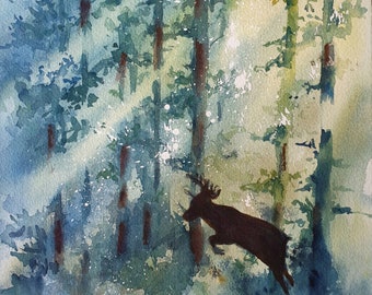 moose in wood original watercolor, jumping elk painting, wild forest landscape, moose wall art, bush moose artwork, woodland animal wall art