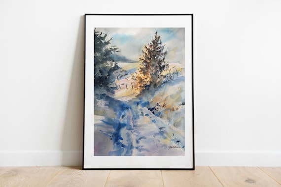 冬の道オリジナル水彩画冬の風景画雪の道の風景雪景色田舎の冬の風景の