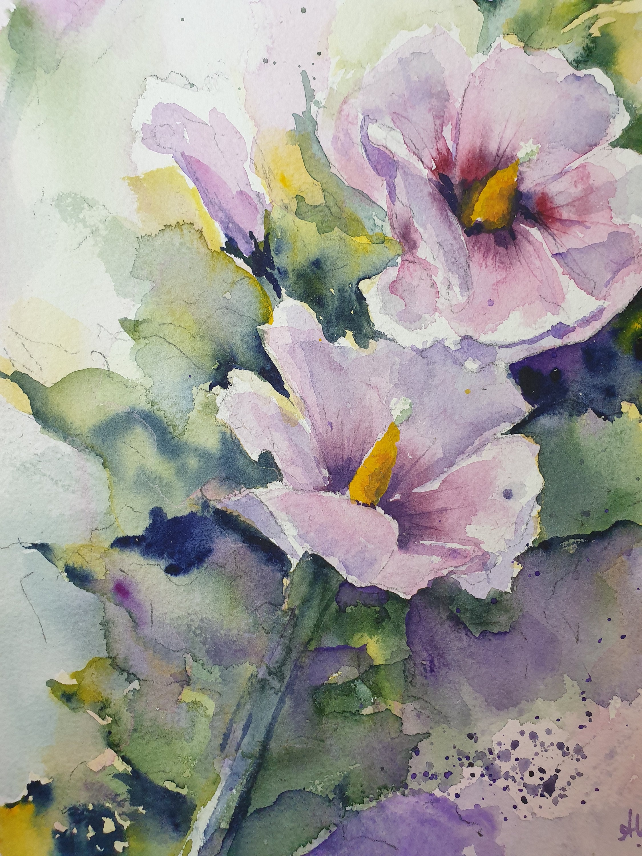 ハイビスカスの花のオリジナル水彩画、ピンクの花の絵、庭の花の壁掛け