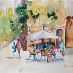 Schizzo ad acquerello di Trastevere Roma, pittura originale di Roma, arte murale del paesaggio urbano italiano, opera d'arte del ristorante di Roma, arredamento della casa della città italiana
