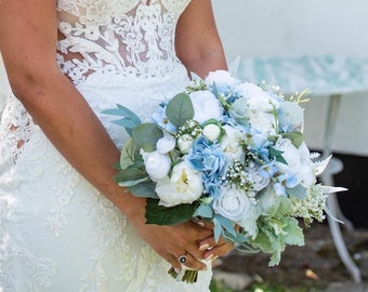 Dusty Blue Artificial Wedding Bouquet, White Faux Flower Bridal Bouquet  Silk Ivory Flower Bridesmaid Bouquet Artificial Flower Bouquet