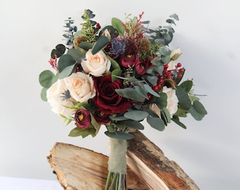 Rustic burgundy cream rose bride bouquet - Dried eucalyptus bridal bouquet, Winter red wedding bouquet - Artificial burgundy cream bouquet