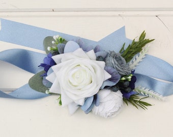 Artificial Dusty Blue Wrist Corsage , Real Touch White Rose Corsage Bracelet, Bridesmaid Wedding Corsage , Matching Corsage and Buttonhole