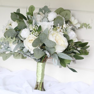 Artificial White Ivory Wedding Bouquet, Sage green  Bridal Bouquet, Summer Rose Bouquet , Winter Flower Bouquet