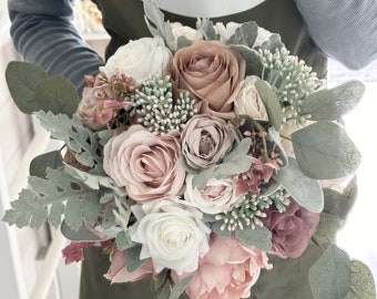 Artificial Blush Pink Wedding Bouquet, Mauve Bride Bouquet, Mink Bridesmaid Wedding Flowers, Summer Bouquet - Rose Bouquet