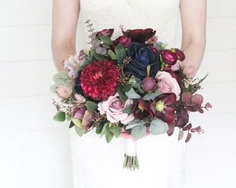 Artificial Burgundy Bridal Bouquet, Navy Wedding Bouquet Winter Bride Bouquet In Fuchsia Pink, Rustic Pink Bridesmaid Bouquet