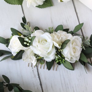 Artificial White Ivory Floral Hair Comb, Bridal Flower Headpiece, Bridal Hair Comb,  Eucalyptus Wedding Comb,  White Flower Hair Comb