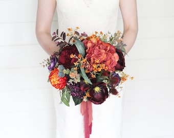 Artificial Autumn Wedding Bouquet, Burnt Orange Faux Flower Bridal Bouquet, Silk Bridesmaid Bouquet Burgundy, Autumnal Flower Bouquet