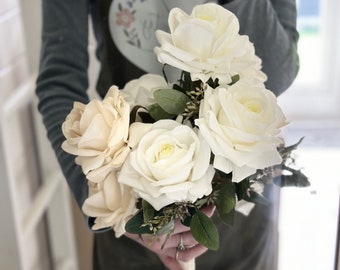 Ivory rose eucalyptus long stem wedding bouquet - Artificial Champagne nude rose bridal bouquet - Silk Rose bouquet