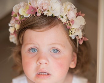 Artificial Blush Flower Baby Headband,Toddler Pink Flower Crown,Flower Girl Headband, Flower Head Wreath, Baby Shower Hair Crown,Hair Wreath