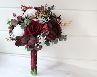 Artificial Burgundy Red winter bridal bouquet, Real Touch Flower Wedding Bouquet, Rustic Style Bridesmaid  Bouquet, Gold Wedding Bouquet