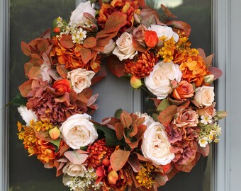 Artificial Autumn Wreath, Autumnal door wreath, Halloween door wreath, Burnt orange wreath for front door. Peony Rose Wreath