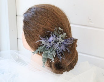 Scottish Thistle Blue Artificial Hair Clip - Decorative Thistle Bridal Head Piece - Blue Faux Flower Hair Accessory -Floral Hair Accessories