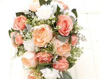 Artificial coral teardrop bouquet, Peach bridal shower bouquet, White rose wedding bouquet, Baby's breath bridesmaid bouquet