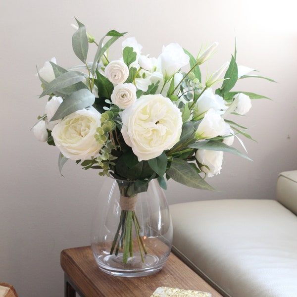 Artificial white rose vase arrangement for your home, Ivory Flower table centrepiece, Flower arrangement gift for her, Housewarming present