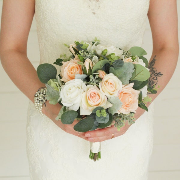 Real touch blush peach wedding bouquet, Artificial peach bridal bouquet, Silk white ivory bride bouquet,Faux rose flower bridesmaids bouquet