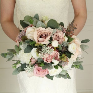 pink lavender ivory sola flowers preserved gypsophila eucalyptus lambs ears greenery heather lace Rustic pastel and deep red bridal bouquet