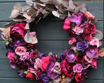 Artificial Purple Wreath, Pink Rose Front Door Wreath, Faux Wreath For Front Door, Indoor Wreath For Wall Decor