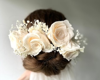 Champagne ivory preserved rose gyp bridal hair comb - Dried baby's breathe rose wedding hair comb - Champagne roses and ivory gyp hair piece