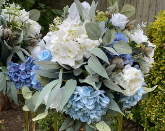 Artificial Dusty Blue Hydrangea Table Centrepiece, White Round Table Decoration, Ivory Wedding Flower Centerpieces, Flower Table Decor