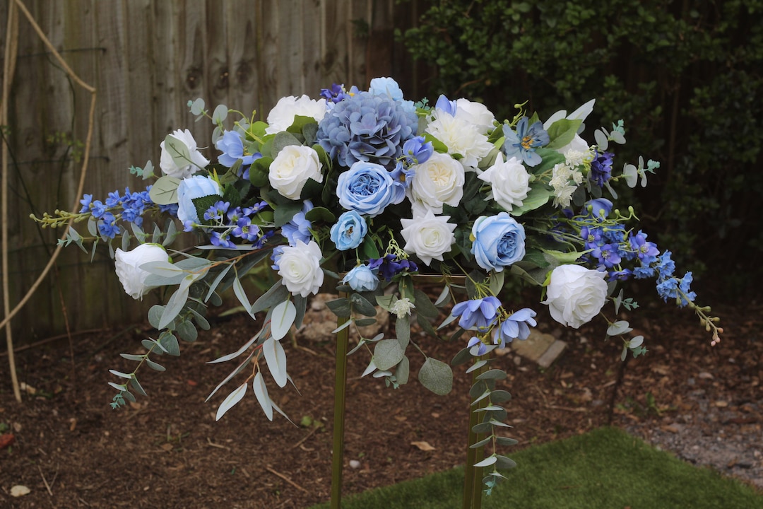 Artificial Blue Flower Arrangement, Dusty Blue Faux Floral Table
