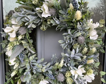 Artificial Spring wreath - Grey, Blue Eucalyptus Wreath - Thistle Eucalyptus Wreath - Neutral Colour Wreath for front door