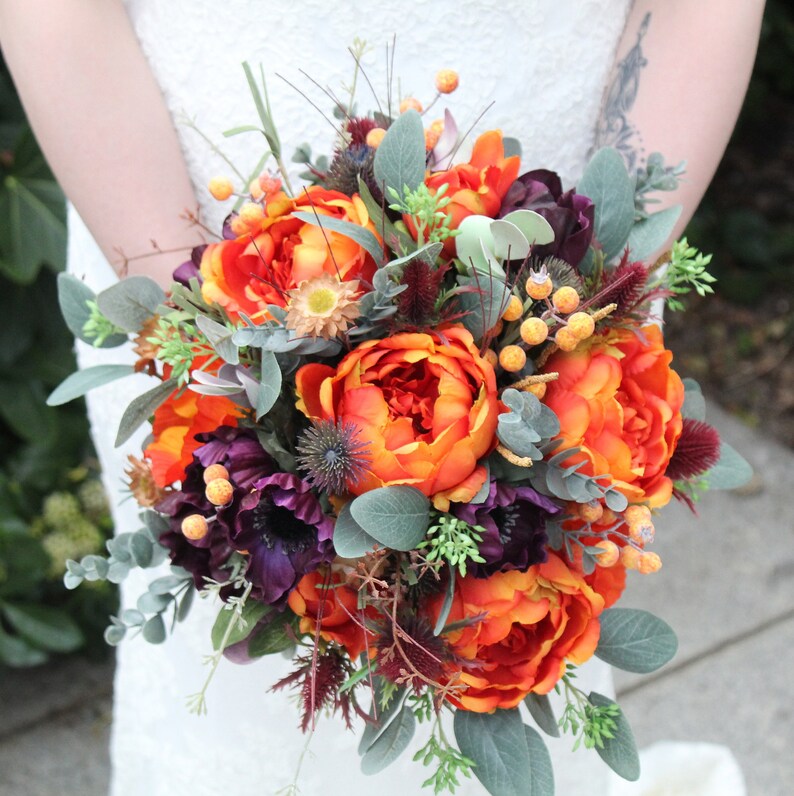Burnt Orange Burgundy Artificial Bridal Bouquet Autumnal Etsy