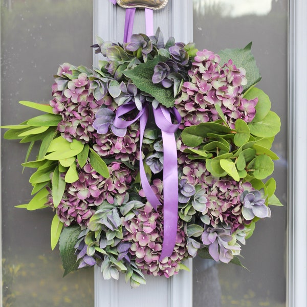 Artificial Hydrangea Door Wreath - Outside Door Wreath - Purple Door Wreath All Year Round - Autumn Door Wreath - Hydrangea Wreath For Door