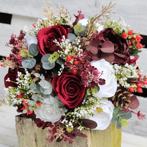 Artificial Burgundy Red winter bridal bouquet, Real Touch Flower Wedding Bouquet, Rustic Style Bridesmaid  Bouquet, Gold Wedding Bouquet