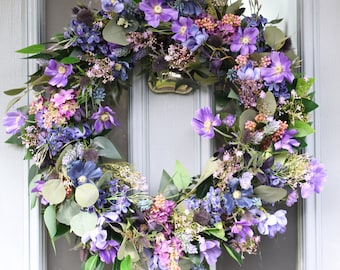 Artificial Purple Spring Wreath For Front Door - Artificial Lilac Spring Wreath -  Spring Door Wreath