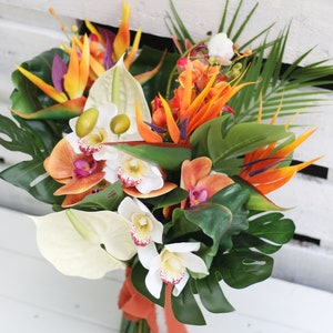 Burnt orange bird of paradise tropical bouquet - Artificial Orchid wedding bouquet - Artificial Topical bridal bouquet