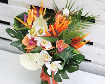 Burnt orange bird of paradise tropical bouquet - Artificial Orchid wedding bouquet - Artificial Topical bridal bouquet