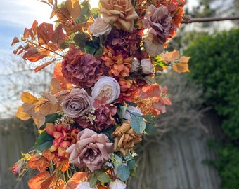 Artificial Autumn Terracotta Rose Arch Centrepiece, Burnt Orange Swag Decoration, Dried Pampa Arbour Arrangement,Autumn Wedding Flower Decor