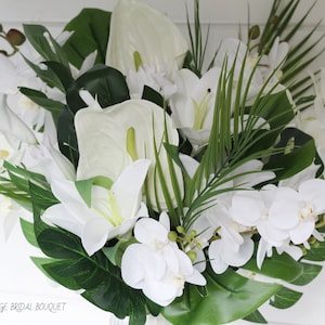 Artificial White orchid Cascading Bouquet, Tiger Lily Wedding Bouquet,Calla Lily Bridal Bouquet,White Anthurium Tropical Bridesmaid Bouquet