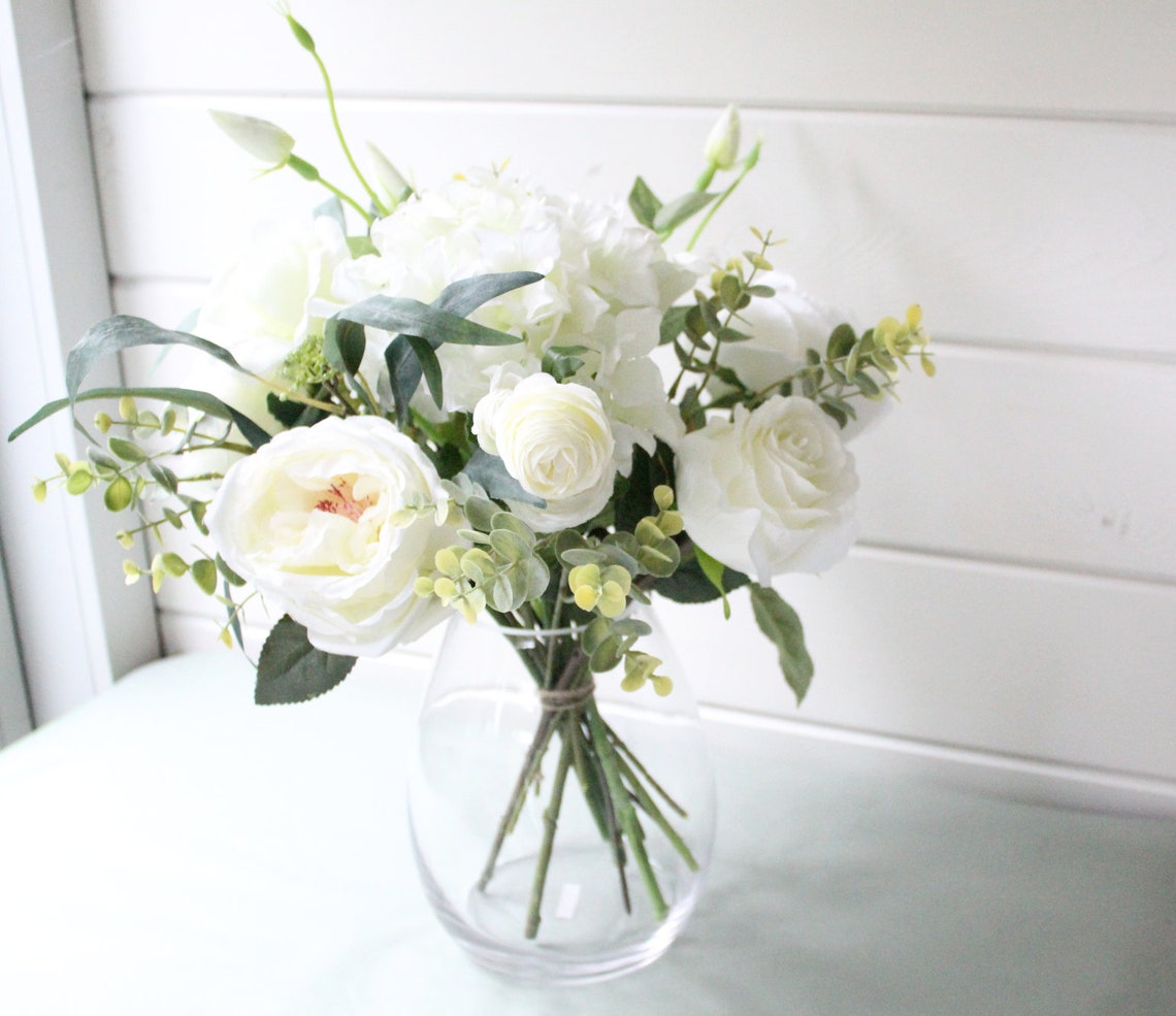 White artificial Floral Vase Arrangement Ivory Faux Flower Etsy