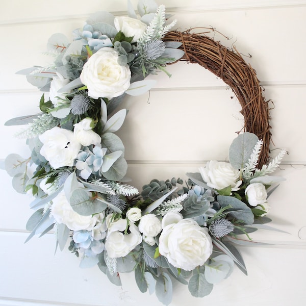 Artificial Spring Flower Door Wreath, Dusty Blue Summer Flower Wreath, Faux Christmas Winter Wreath, Summer Home Decor Arrangement Ideas