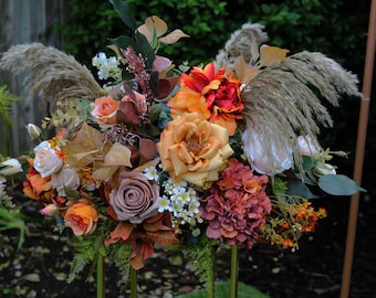 Artificial Autumn Terracotta Rose Table Centrepiece, Burnt Orange Flower Table Decoration, Dried Pampas Centerpiece, Faux Flower Table Decor