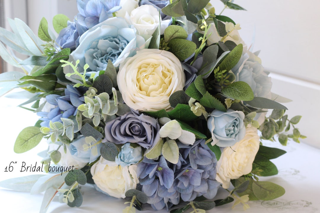 Artificial Dusty Blue Wedding Bouquet, Real Touch Ivory Bridal Flower Bouquet, Blue Faux Flower