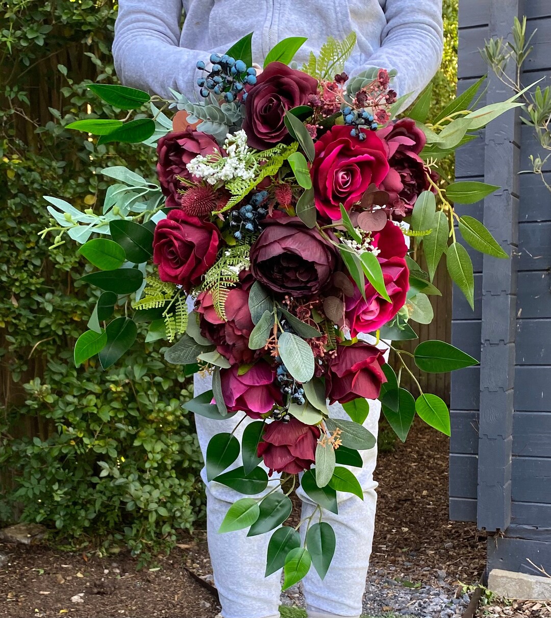 Artificial Burgundy Red Bridal Shower Bouquet, Burgundy Cascading