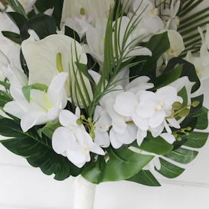 Artificial White Orchid Tropical Bouquet,  Lily Wedding Bouquet, Calla Lily Bridal Bouquet, White Anthurium Bridesmaid Bouquet