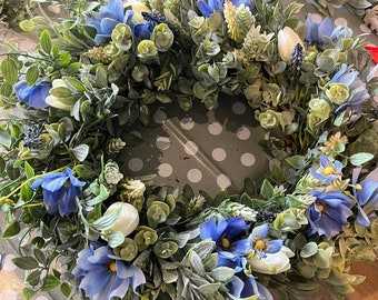Artificial blue, ivory Spring wreath - Ivory Tulip wreath for front door - Eucalyptus wreath -