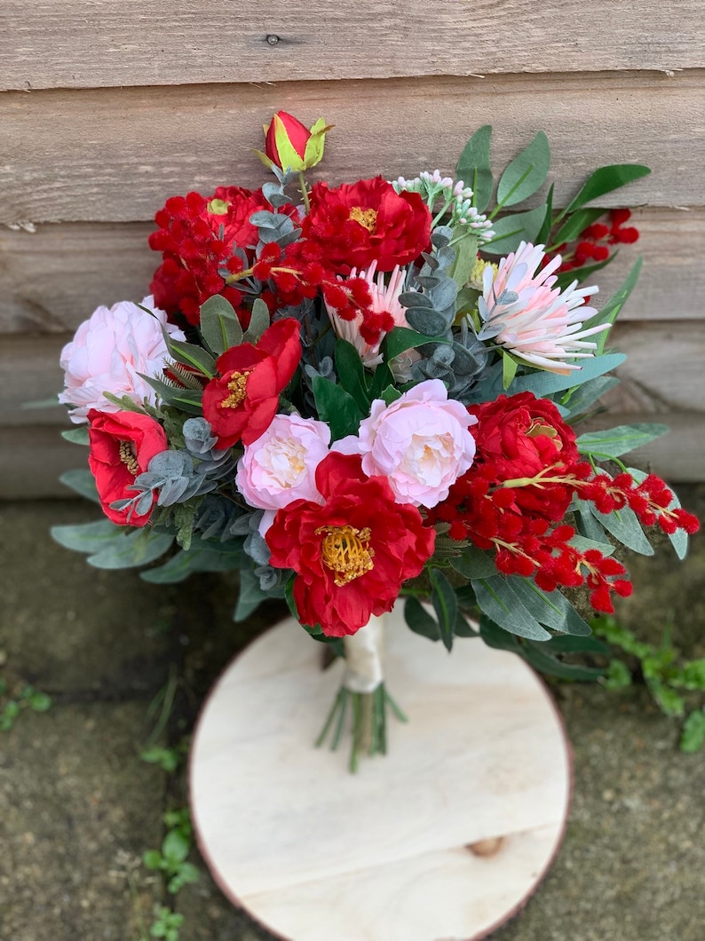 Tessa Cranberry Red Pink Artificial Flower Bridal Bouquet-Real touch silk red pink flower bridal bouquet Floral arrangement.