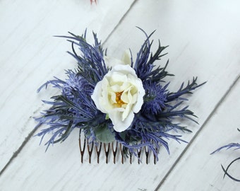 Scottish Thistle Blue Artificial Hair Comb - Decorative Thistle Bridal Head Piece - Faux Flower Rose Hair Accessory -Floral Hair Accessories