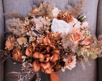 Artificial Terracotta Wedding Bouquet, Burnt Orange Bridal Bouquet, Peony Bouquet, Dried Pampas Bouquet, Bridesmaid Bouquet,Autumnal Bouquet