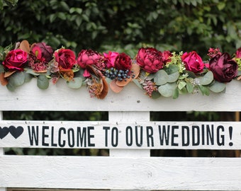 Artificial burgundy navy rose garland, Navy, red wedding garland arch, Burgundy welcome sign arrangement