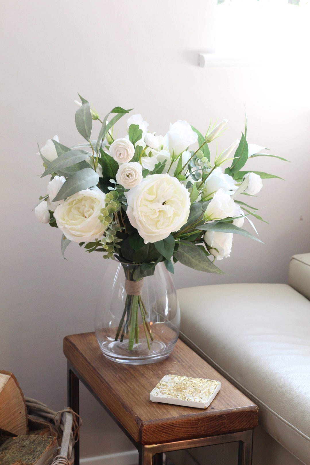 Artificial White Rose Vase Arrangement for Your Home, Ivory Flower